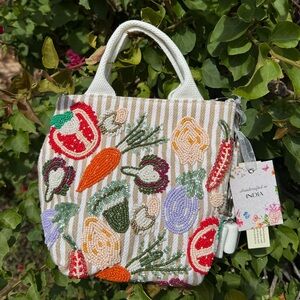 NWT Made in India Vegetable Beige White Striped Beaded Woven Tote Bag Spring New